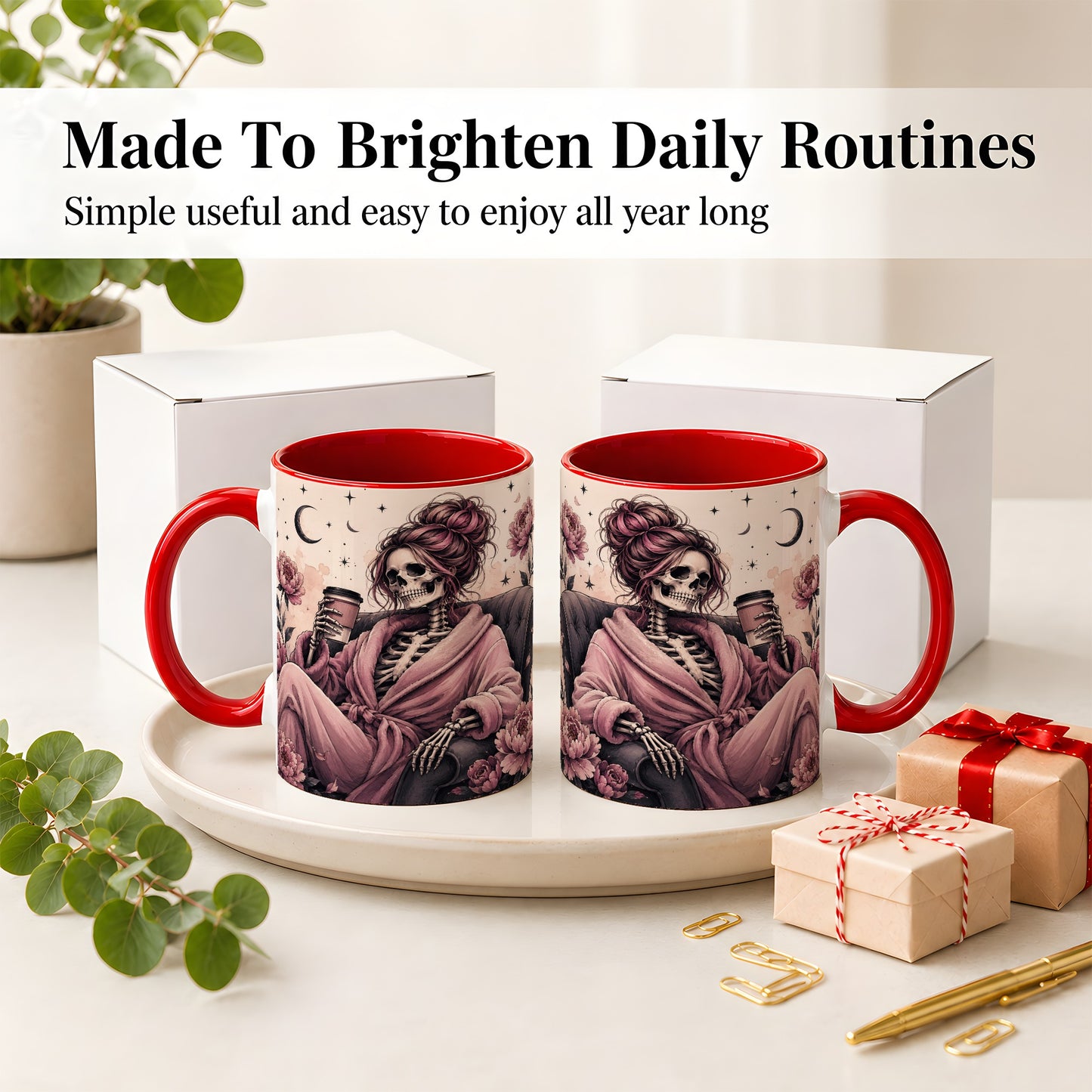 #pl[11oz|Red] Pink Skeleton Coffee Ceramic Mug, Gothic Floral Art for Coffee Fans