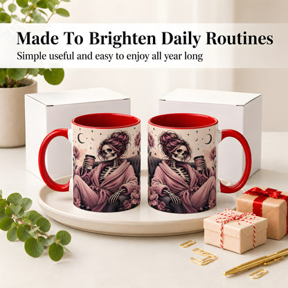 #pl[11oz|Red] Pink Skeleton Coffee Ceramic Mug, Gothic Floral Art for Coffee Fans