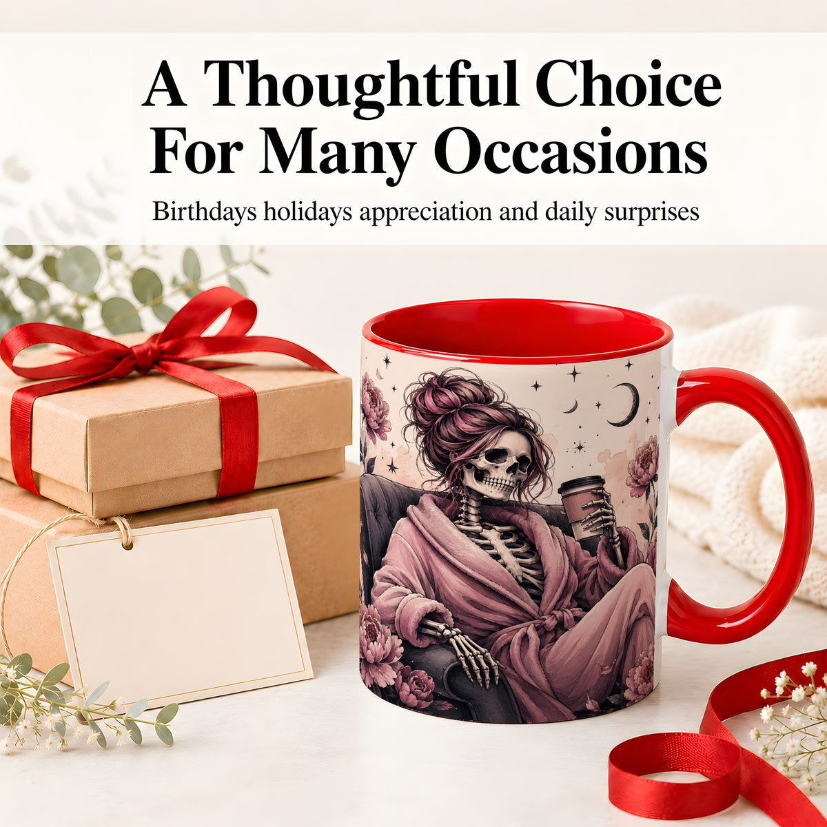 #pl[11oz|Red] Pink Skeleton Coffee Ceramic Mug, Gothic Floral Art for Coffee Fans