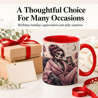 #pl[11oz|Red] Pink Skeleton Coffee Ceramic Mug, Gothic Floral Art for Coffee Fans