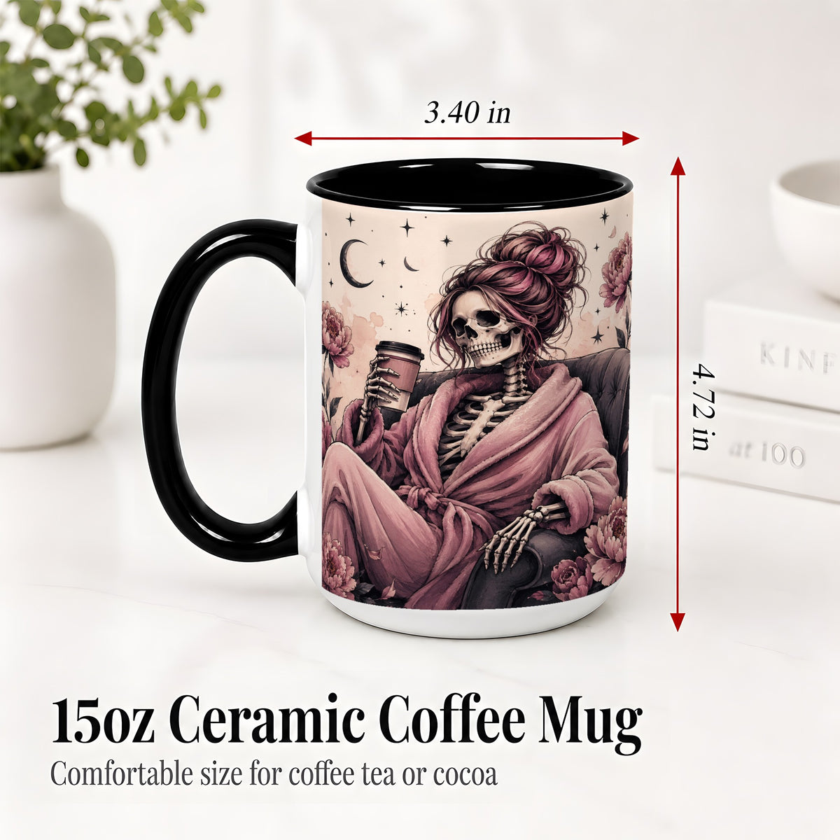 #pl[15oz|Black] Pink Skeleton Coffee Ceramic Mug, Gothic Floral Art for Coffee Fans