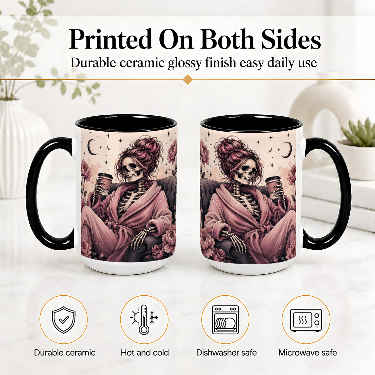#pl[15oz|Black] Pink Skeleton Coffee Ceramic Mug, Gothic Floral Art for Coffee Fans