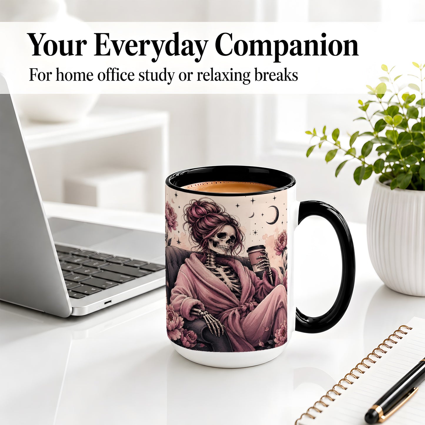 #pl[15oz|Black] Pink Skeleton Coffee Ceramic Mug, Gothic Floral Art for Coffee Fans