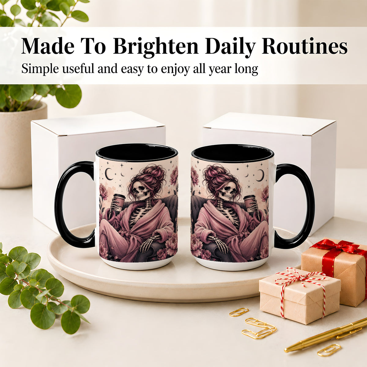 #pl[15oz|Black] Pink Skeleton Coffee Ceramic Mug, Gothic Floral Art for Coffee Fans