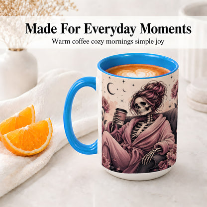 #pl[15oz|Blue] Pink Skeleton Coffee Ceramic Mug, Gothic Floral Art for Coffee Fans