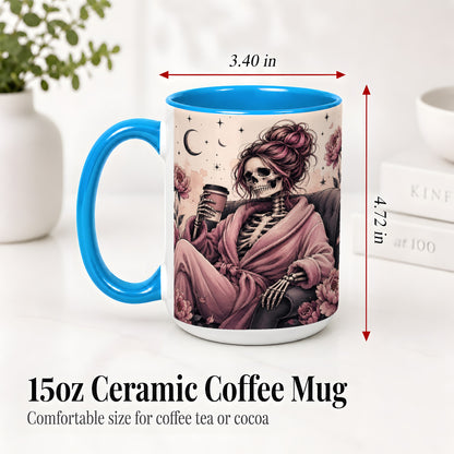 #pl[15oz|Blue] Pink Skeleton Coffee Ceramic Mug, Gothic Floral Art for Coffee Fans