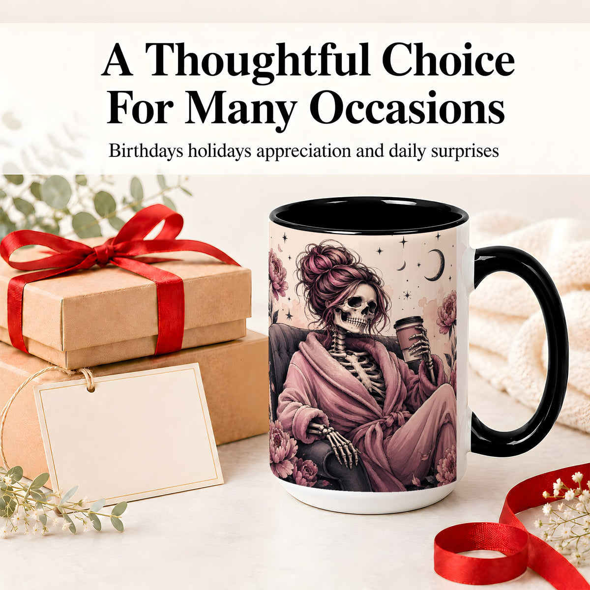 #pl[15oz|Black] Pink Skeleton Coffee Ceramic Mug, Gothic Floral Art for Coffee Fans
