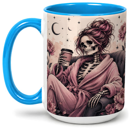 #pl[15oz|Blue] Pink Skeleton Coffee Ceramic Mug, Gothic Floral Art for Coffee Fans