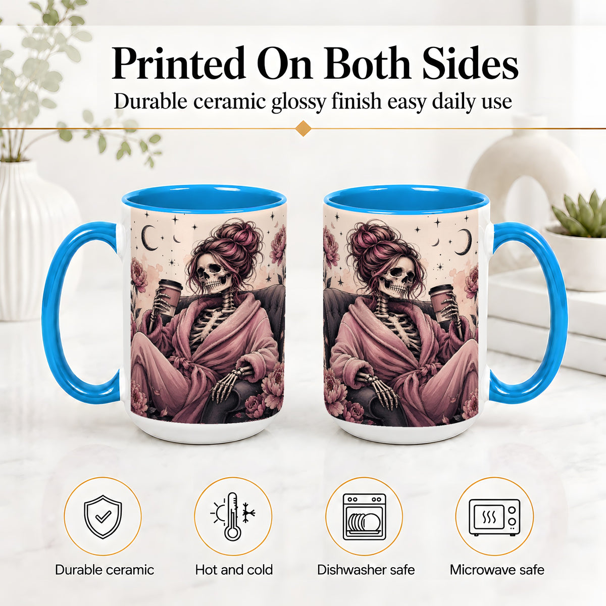 #pl[15oz|Blue] Pink Skeleton Coffee Ceramic Mug, Gothic Floral Art for Coffee Fans