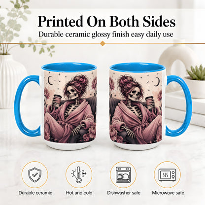 #pl[15oz|Blue] Pink Skeleton Coffee Ceramic Mug, Gothic Floral Art for Coffee Fans