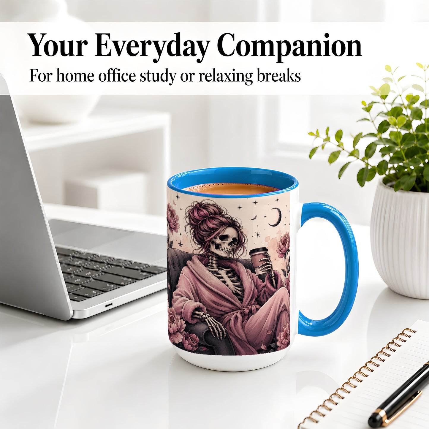 #pl[15oz|Blue] Pink Skeleton Coffee Ceramic Mug, Gothic Floral Art for Coffee Fans