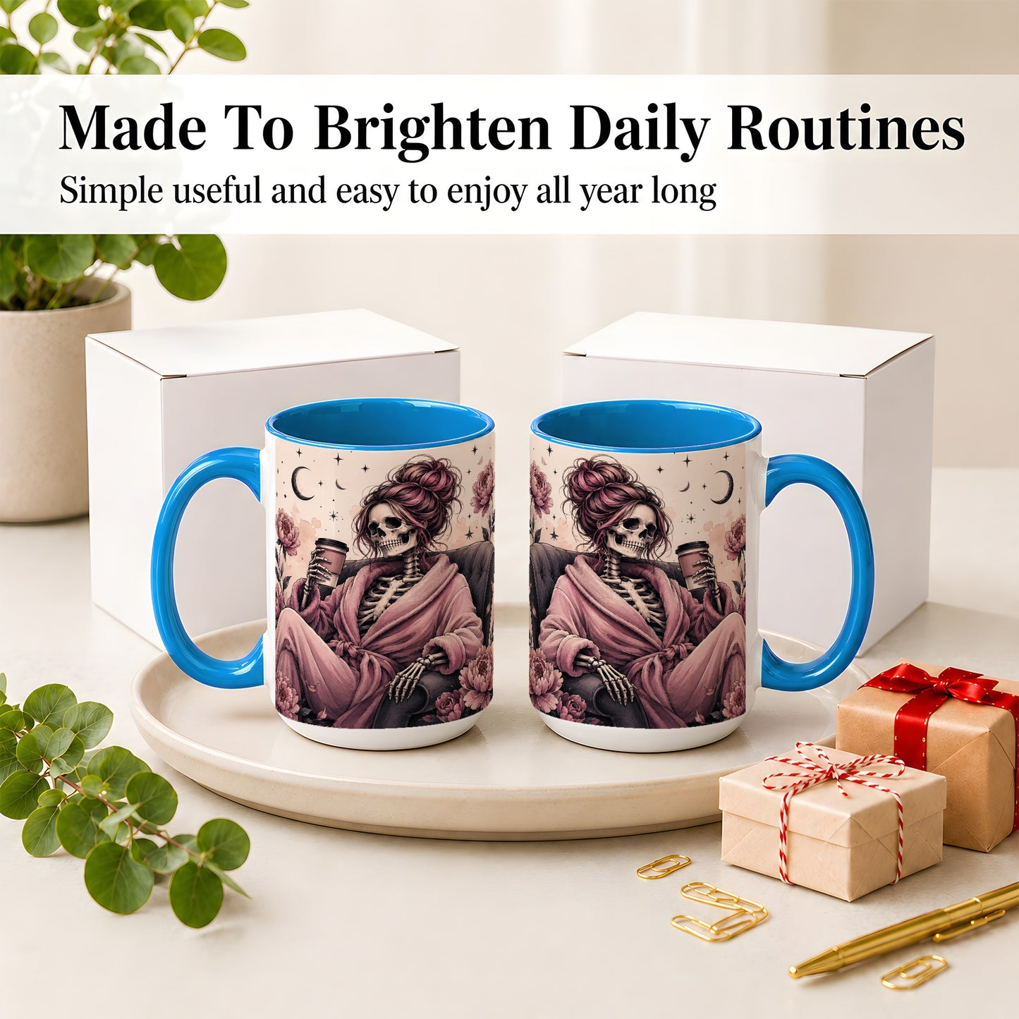 #pl[15oz|Blue] Pink Skeleton Coffee Ceramic Mug, Gothic Floral Art for Coffee Fans