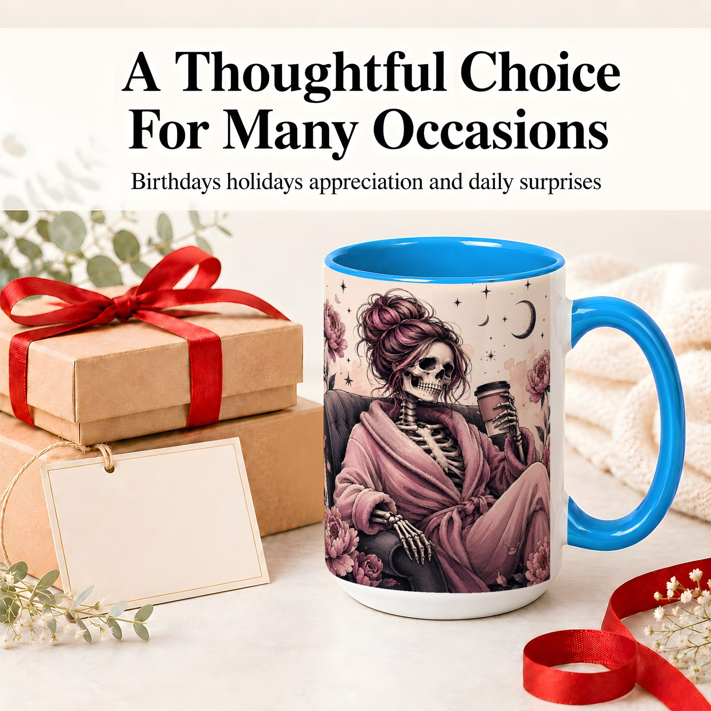 #pl[15oz|Blue] Pink Skeleton Coffee Ceramic Mug, Gothic Floral Art for Coffee Fans