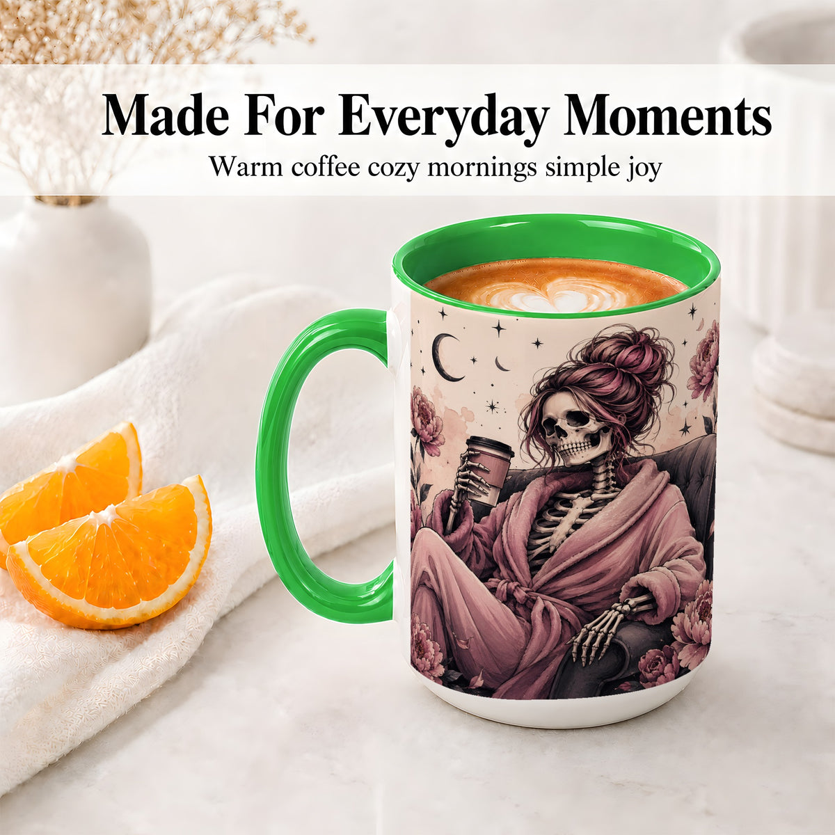 #pl[15oz|Green] Pink Skeleton Coffee Ceramic Mug, Gothic Floral Art for Coffee Fans
