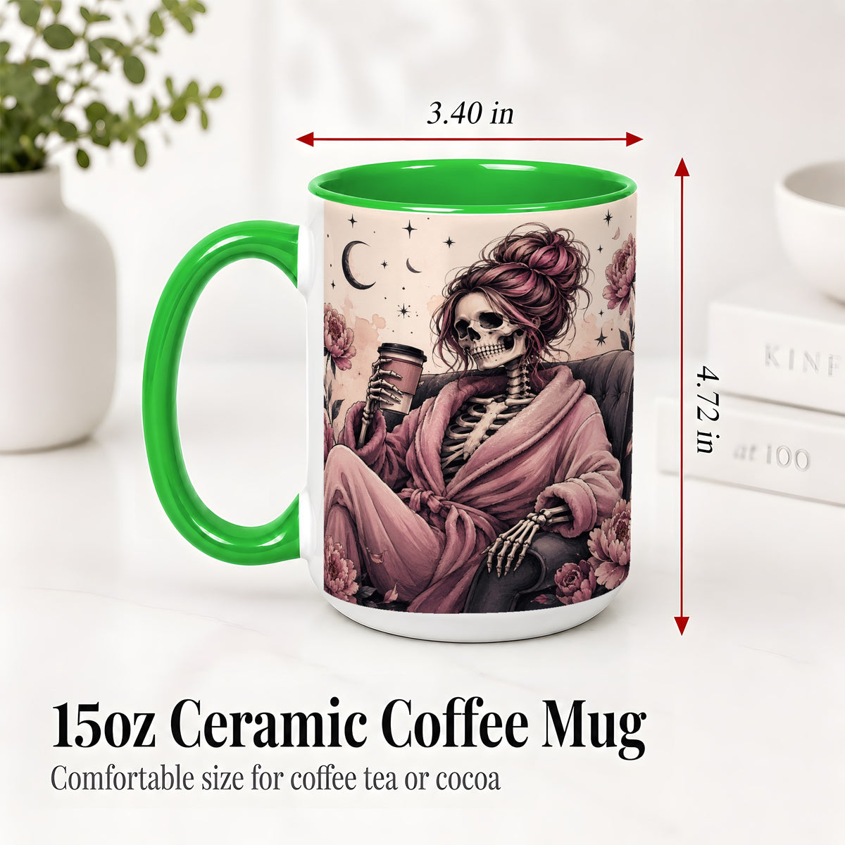 #pl[15oz|Green] Pink Skeleton Coffee Ceramic Mug, Gothic Floral Art for Coffee Fans
