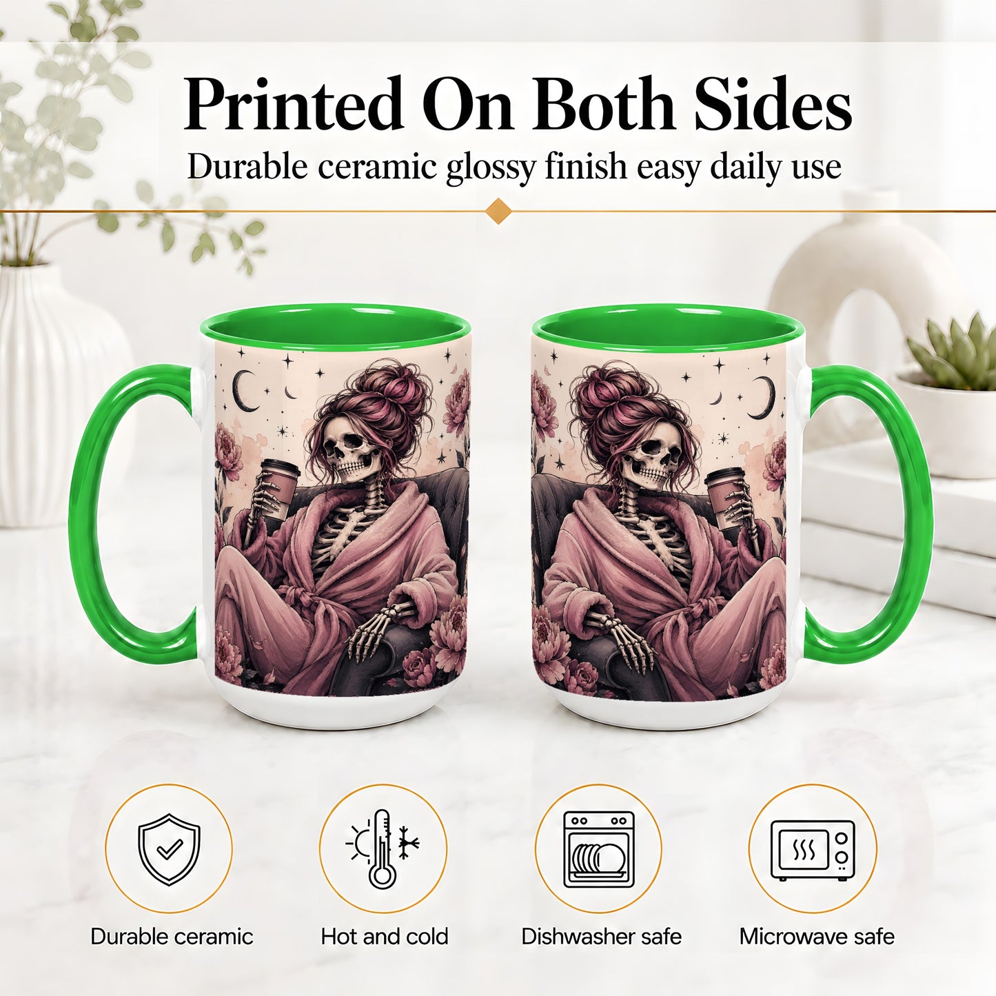 #pl[15oz|Green] Pink Skeleton Coffee Ceramic Mug, Gothic Floral Art for Coffee Fans