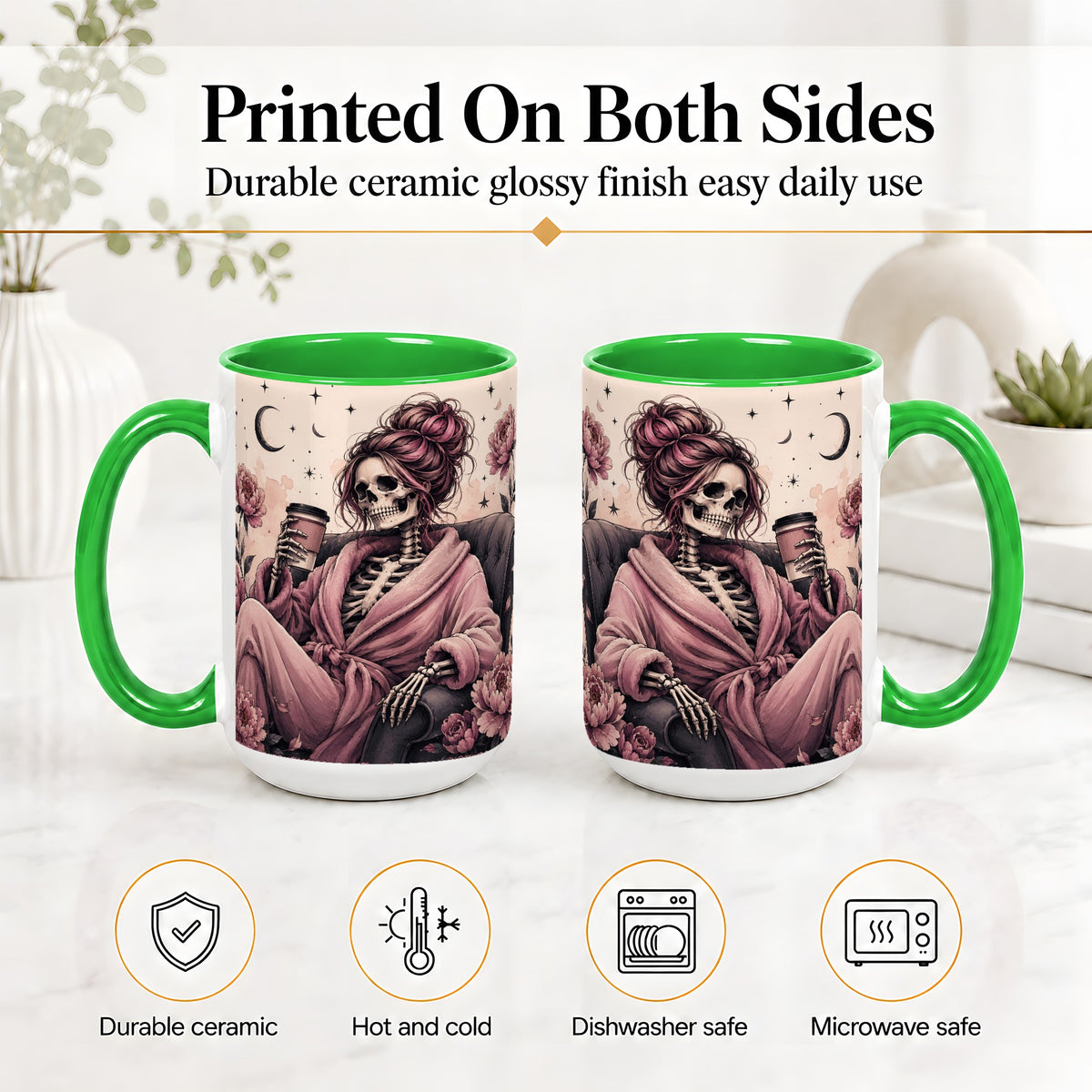 #pl[15oz|Green] Pink Skeleton Coffee Ceramic Mug, Gothic Floral Art for Coffee Fans