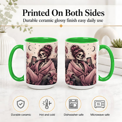 #pl[15oz|Green] Pink Skeleton Coffee Ceramic Mug, Gothic Floral Art for Coffee Fans