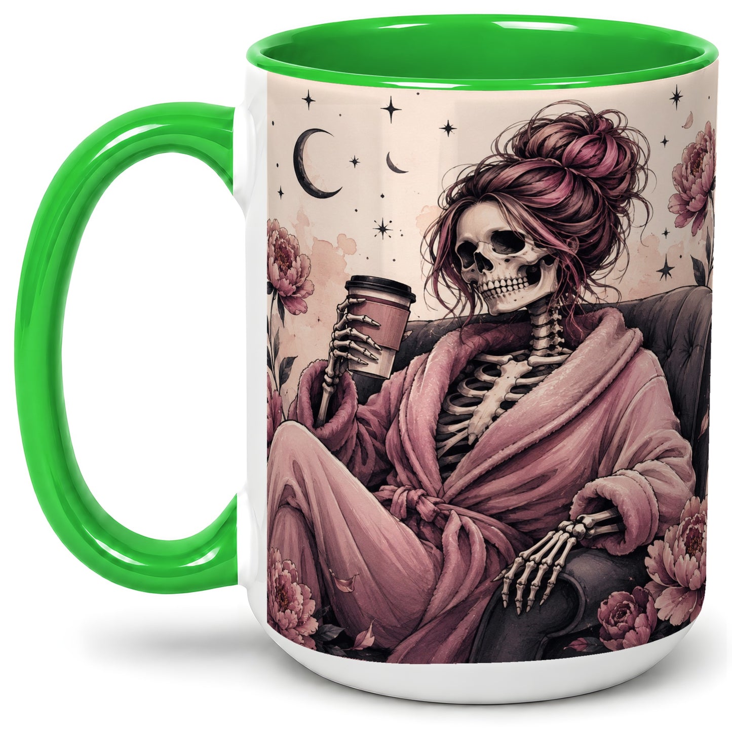 #pl[15oz|Green] Pink Skeleton Coffee Ceramic Mug, Gothic Floral Art for Coffee Fans