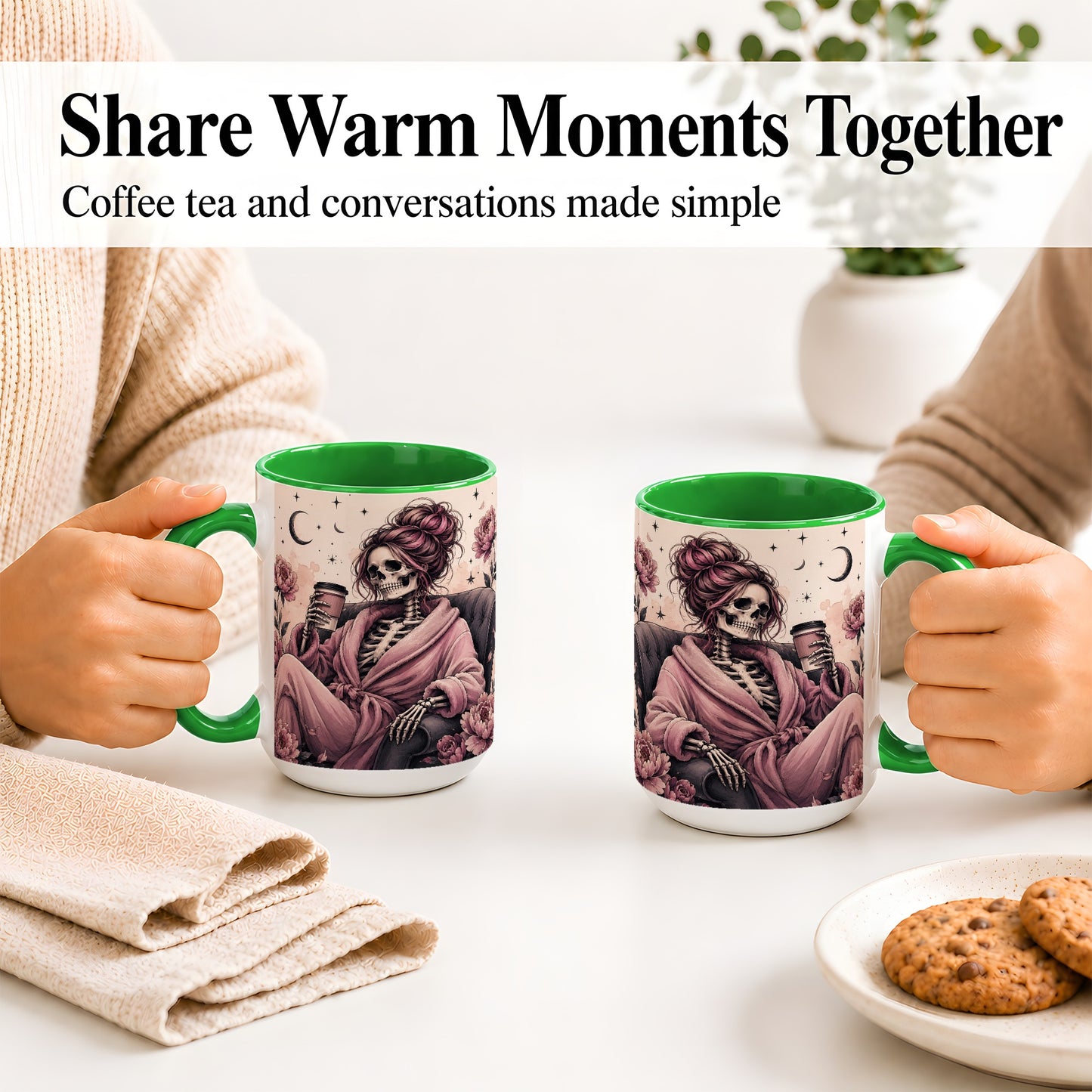 #pl[15oz|Green] Pink Skeleton Coffee Ceramic Mug, Gothic Floral Art for Coffee Fans