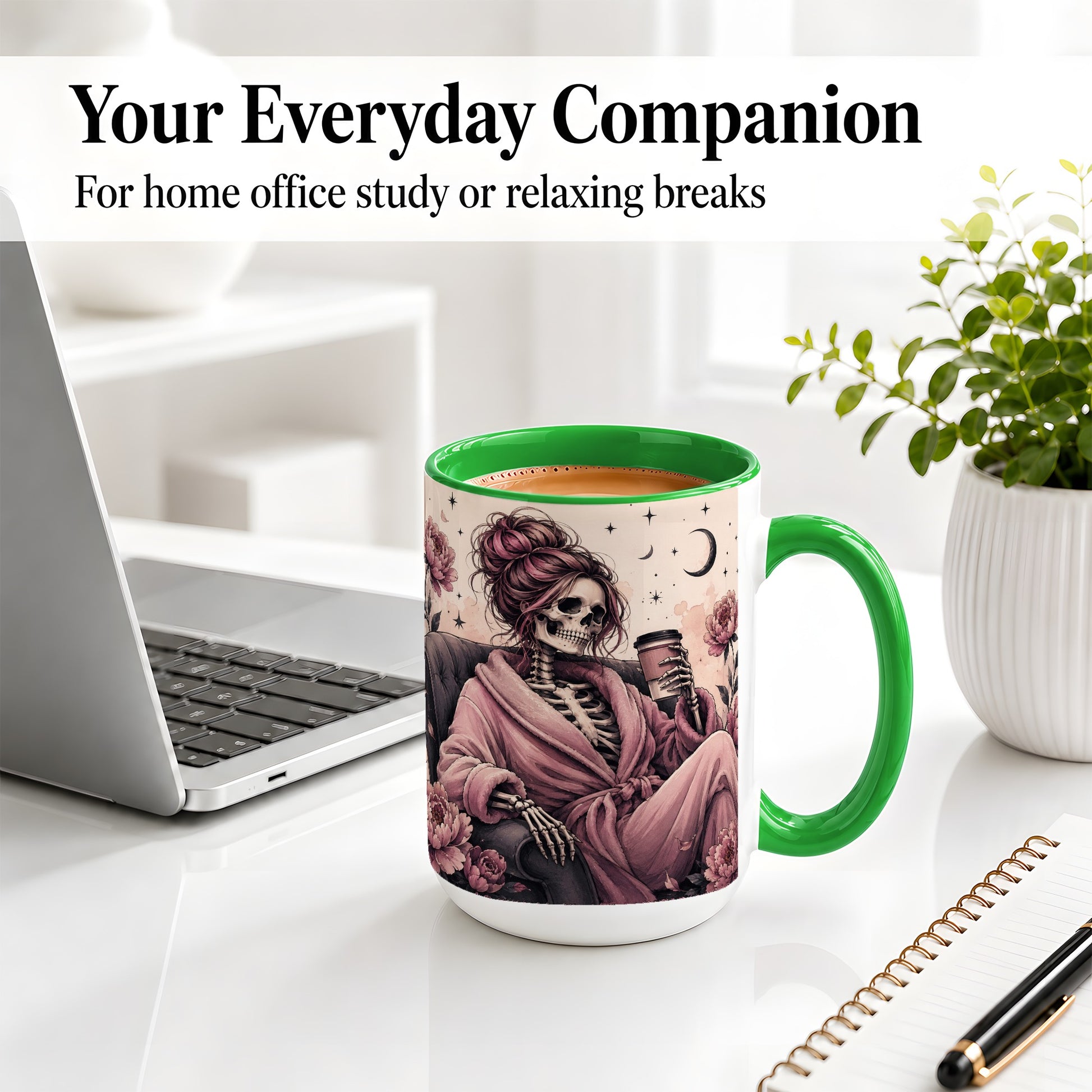 #pl[15oz|Green] Pink Skeleton Coffee Ceramic Mug, Gothic Floral Art for Coffee Fans