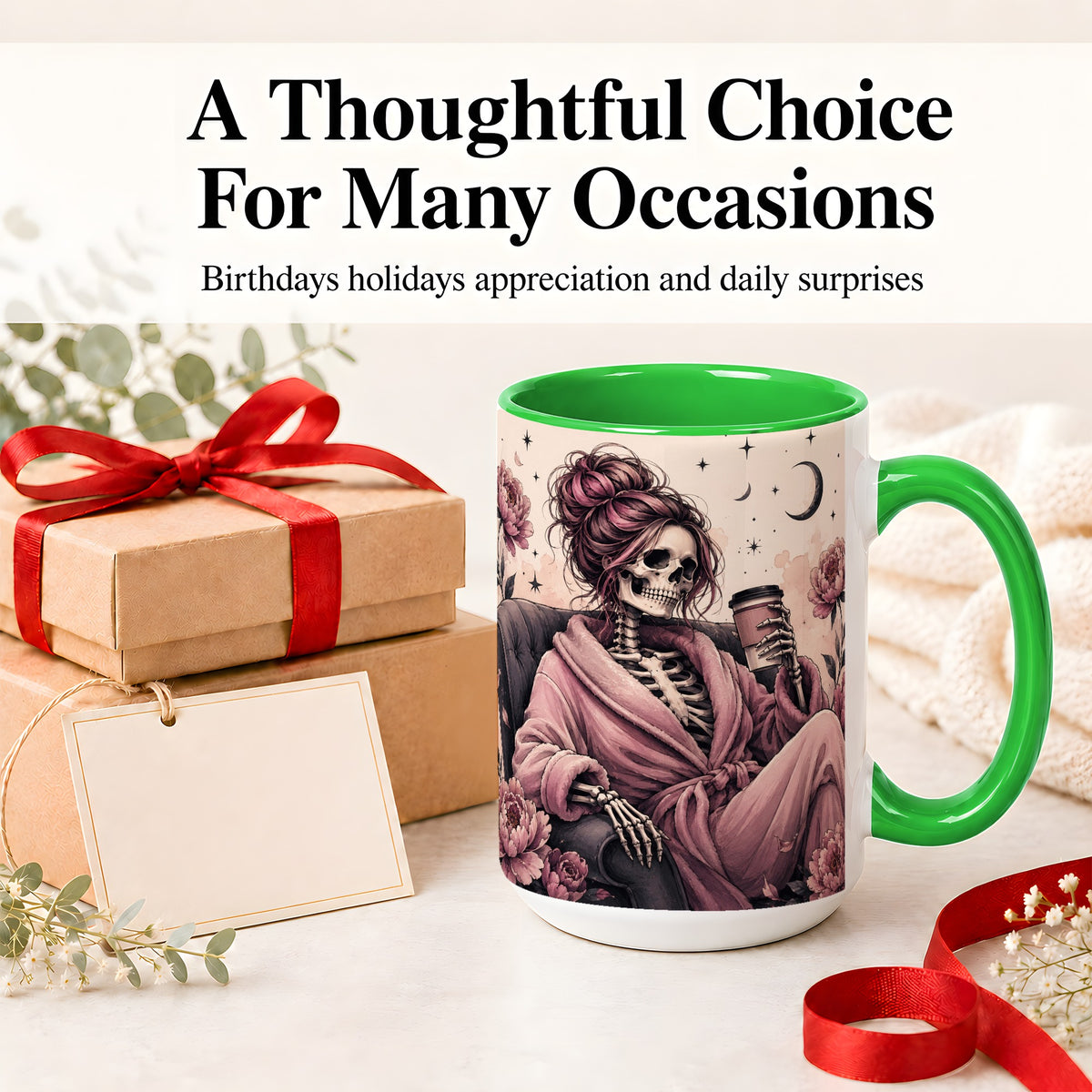 #pl[15oz|Green] Pink Skeleton Coffee Ceramic Mug, Gothic Floral Art for Coffee Fans
