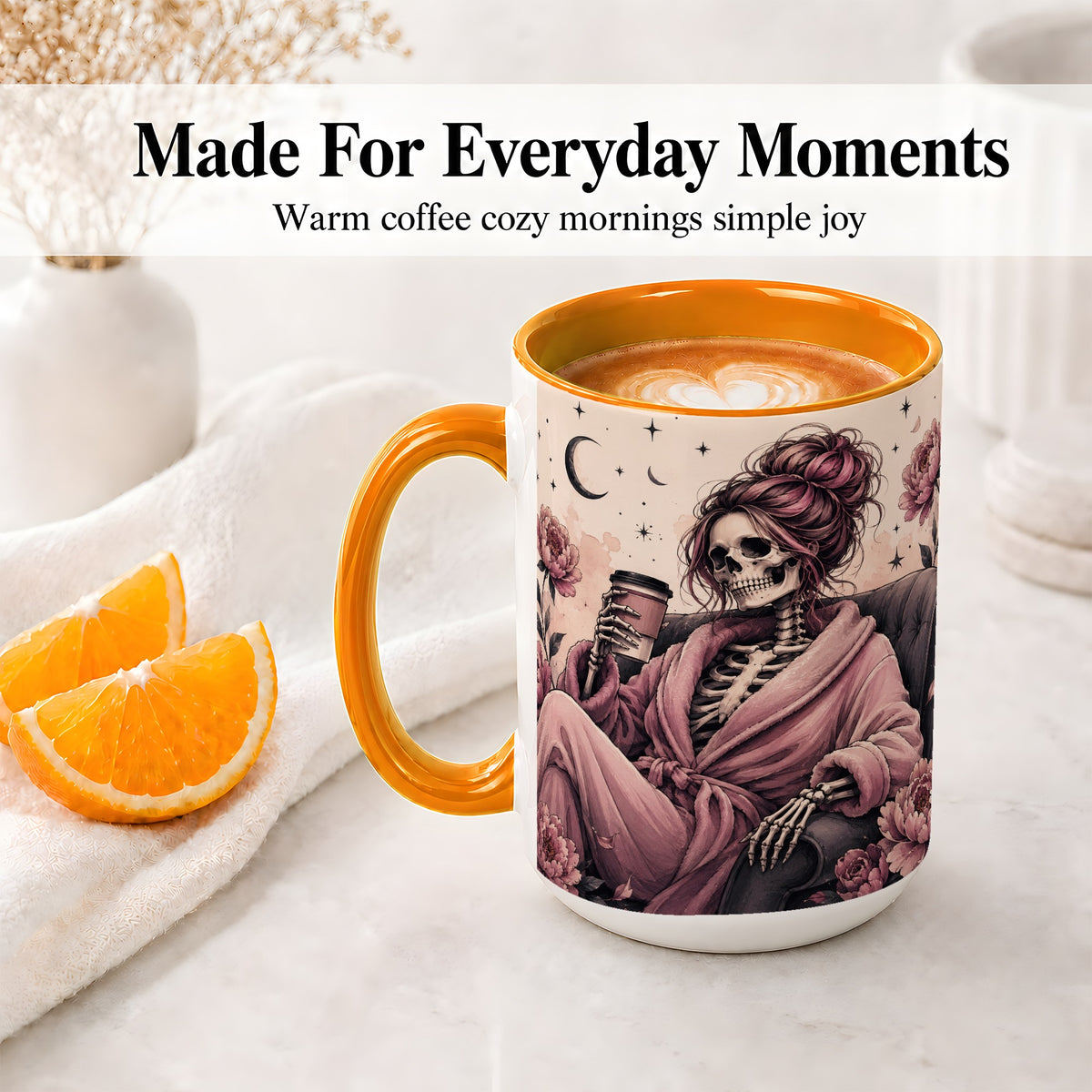 #pl[15oz|Orange] Pink Skeleton Coffee Ceramic Mug, Gothic Floral Art for Coffee Fans