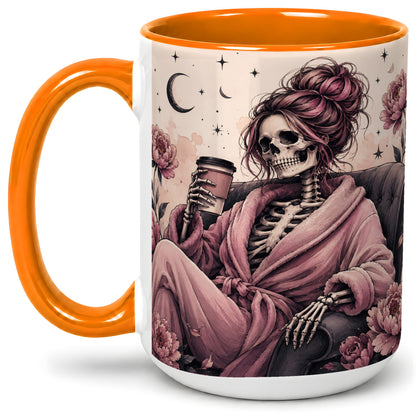 #pl[15oz|Orange] Pink Skeleton Coffee Ceramic Mug, Gothic Floral Art for Coffee Fans