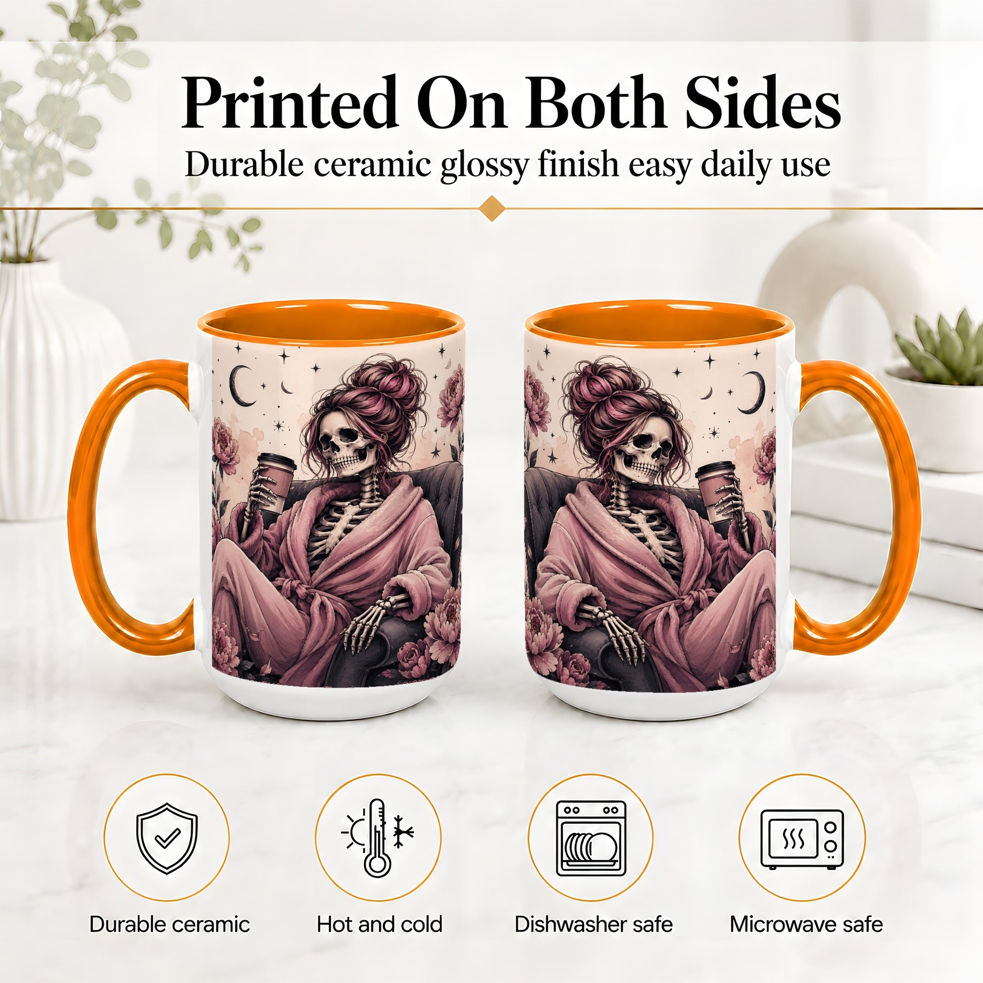 #pl[15oz|Orange] Pink Skeleton Coffee Ceramic Mug, Gothic Floral Art for Coffee Fans