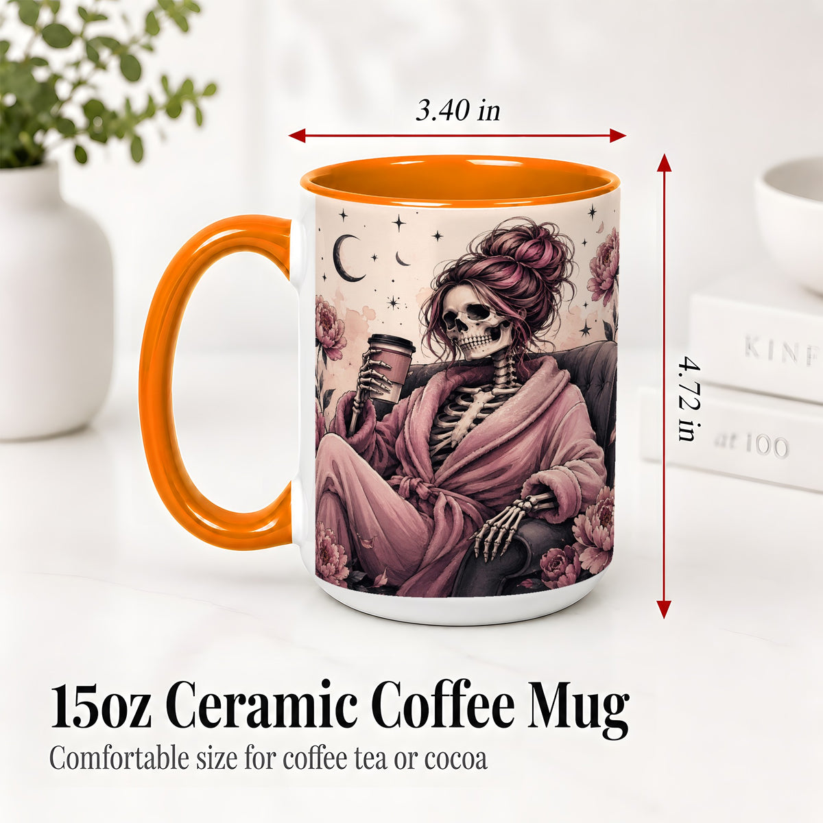 #pl[15oz|Orange] Pink Skeleton Coffee Ceramic Mug, Gothic Floral Art for Coffee Fans