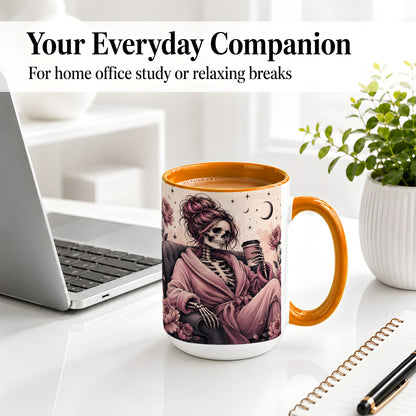 #pl[15oz|Orange] Pink Skeleton Coffee Ceramic Mug, Gothic Floral Art for Coffee Fans