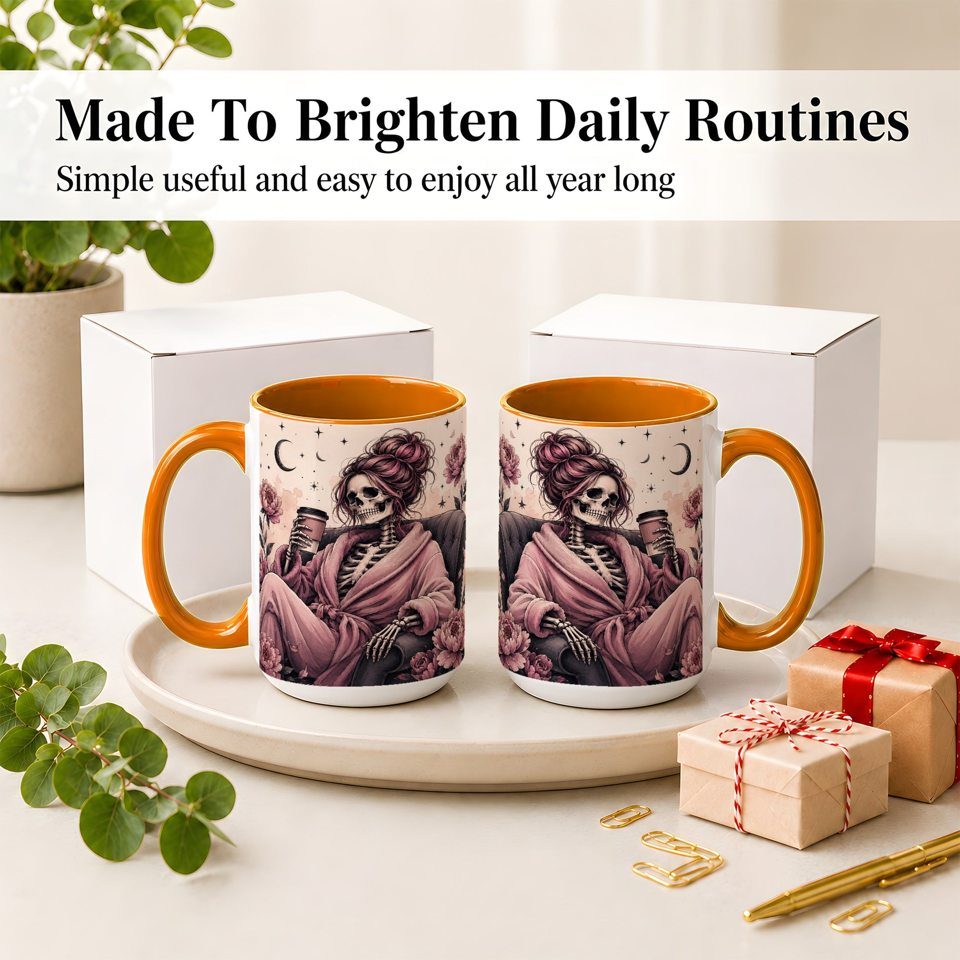 #pl[15oz|Orange] Pink Skeleton Coffee Ceramic Mug, Gothic Floral Art for Coffee Fans
