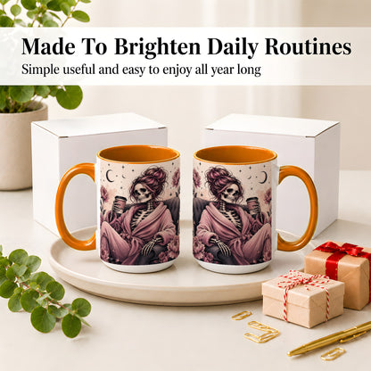 #pl[15oz|Orange] Pink Skeleton Coffee Ceramic Mug, Gothic Floral Art for Coffee Fans