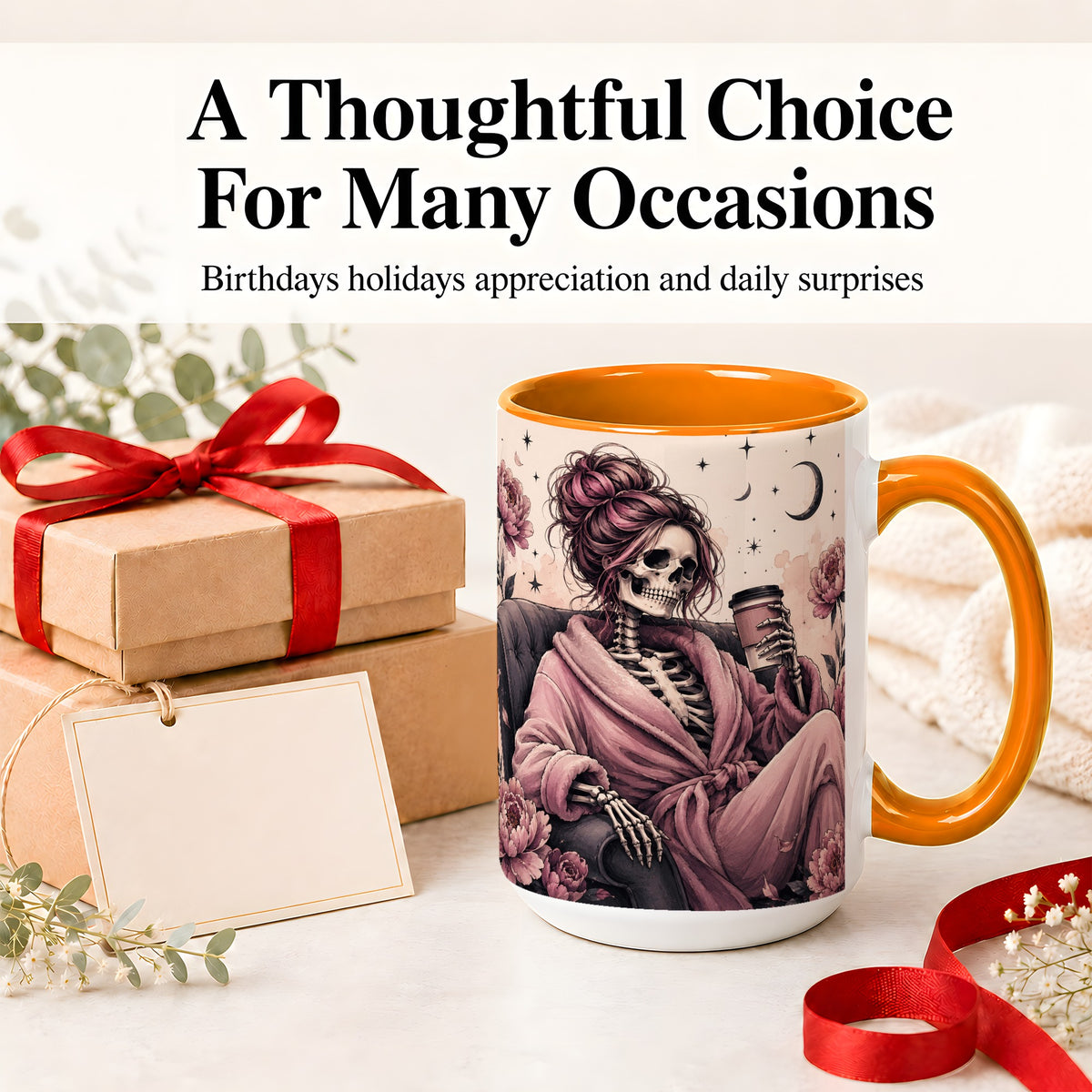 #pl[15oz|Orange] Pink Skeleton Coffee Ceramic Mug, Gothic Floral Art for Coffee Fans