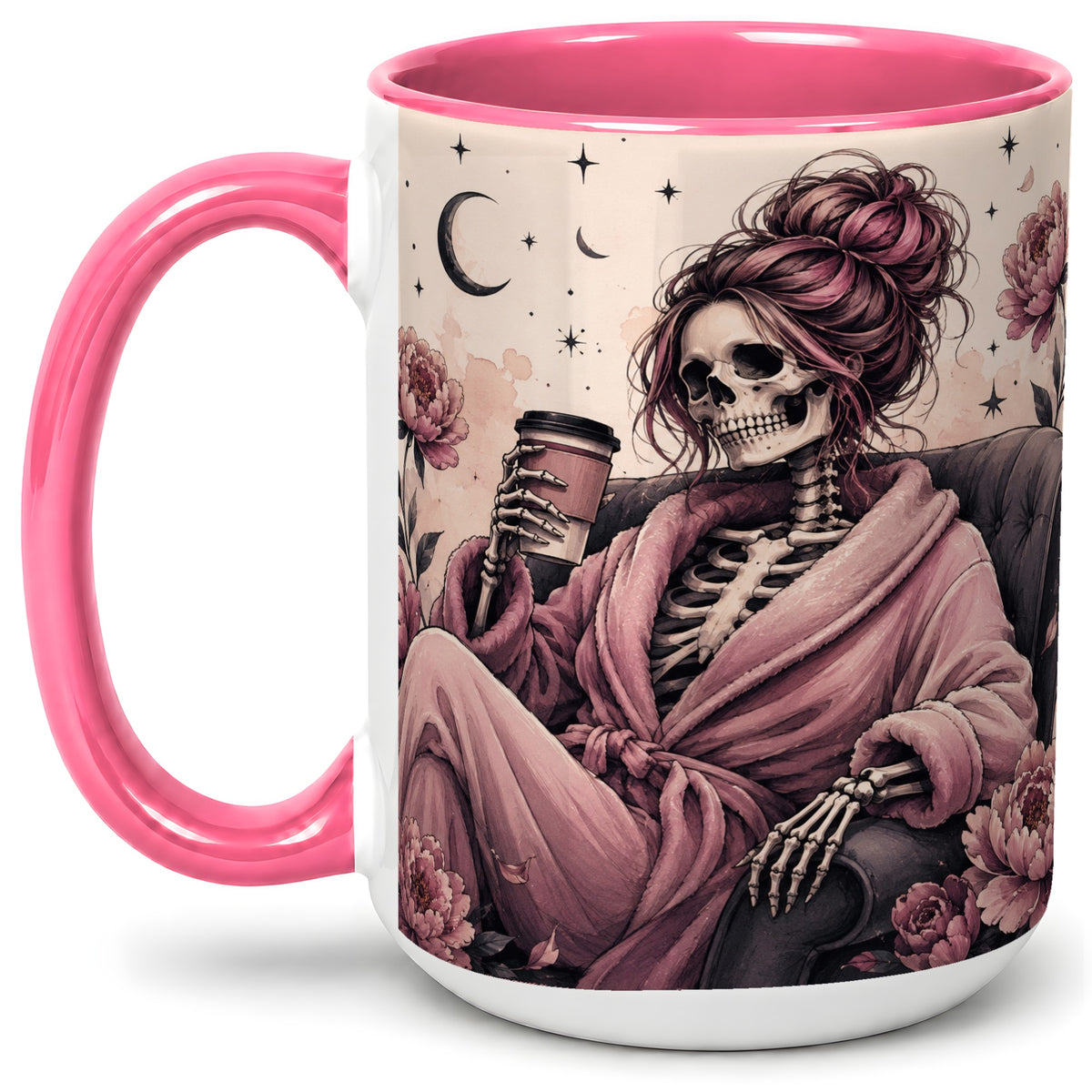 #pl[15oz|Pink] Pink Skeleton Coffee Ceramic Mug, Gothic Floral Art for Coffee Fans