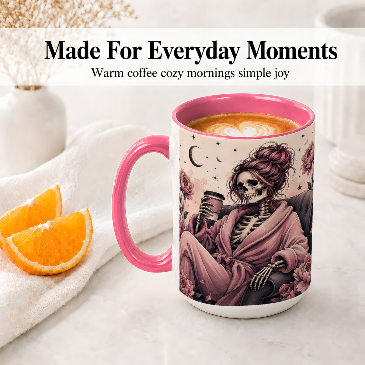 #pl[15oz|Pink] Pink Skeleton Coffee Ceramic Mug, Gothic Floral Art for Coffee Fans