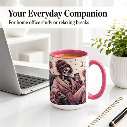#pl[15oz|Pink] Pink Skeleton Coffee Ceramic Mug, Gothic Floral Art for Coffee Fans