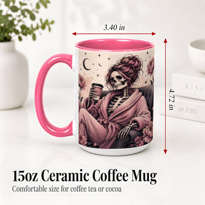 #pl[15oz|Pink] Pink Skeleton Coffee Ceramic Mug, Gothic Floral Art for Coffee Fans