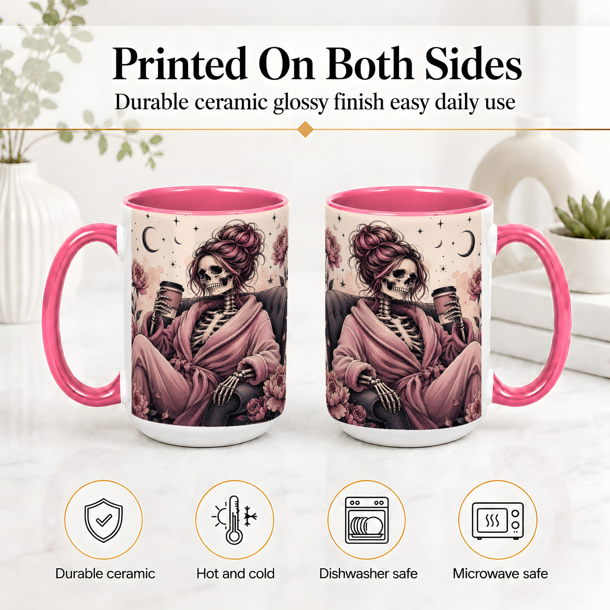 #pl[15oz|Pink] Pink Skeleton Coffee Ceramic Mug, Gothic Floral Art for Coffee Fans
