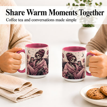 #pl[15oz|Pink] Pink Skeleton Coffee Ceramic Mug, Gothic Floral Art for Coffee Fans