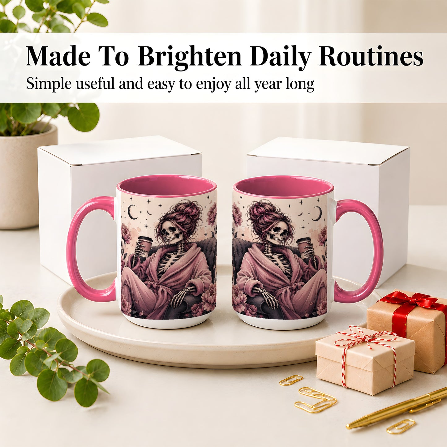 #pl[15oz|Pink] Pink Skeleton Coffee Ceramic Mug, Gothic Floral Art for Coffee Fans