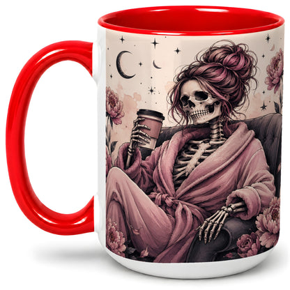 #pl[15oz|Red] Pink Skeleton Coffee Ceramic Mug, Gothic Floral Art for Coffee Fans