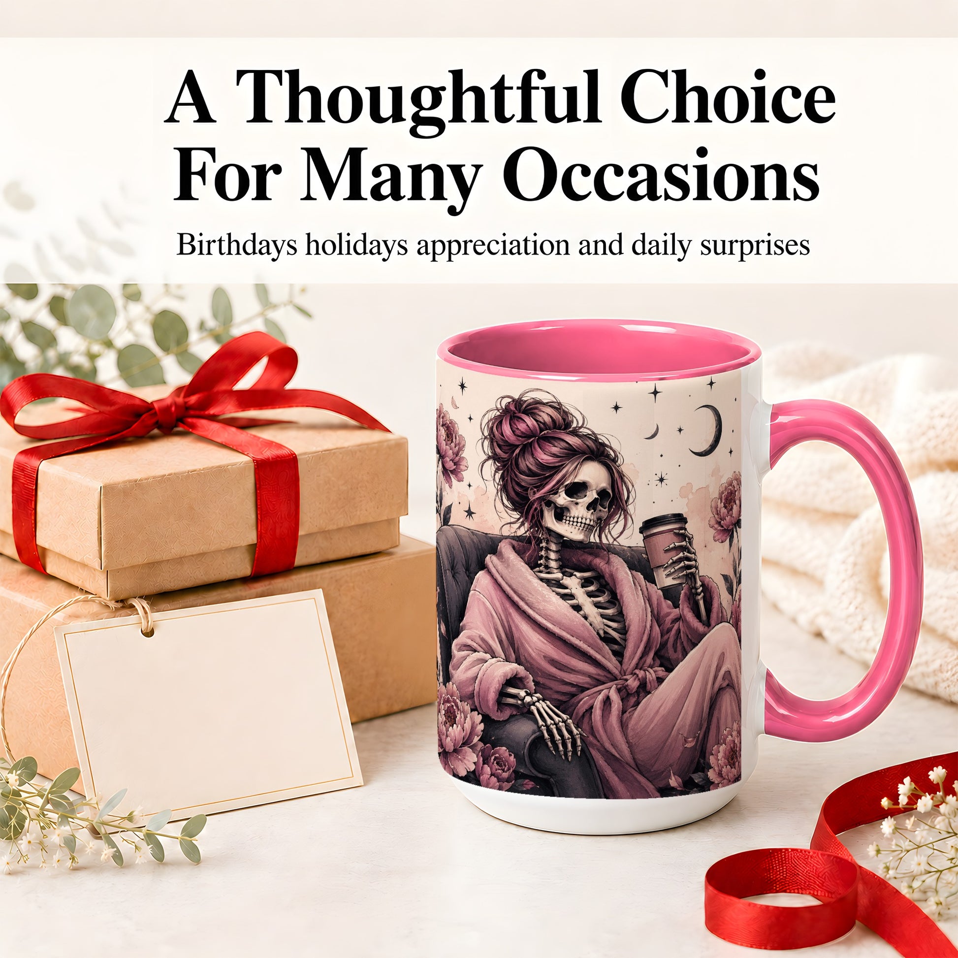 #pl[15oz|Pink] Pink Skeleton Coffee Ceramic Mug, Gothic Floral Art for Coffee Fans
