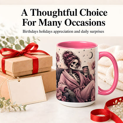 #pl[15oz|Pink] Pink Skeleton Coffee Ceramic Mug, Gothic Floral Art for Coffee Fans