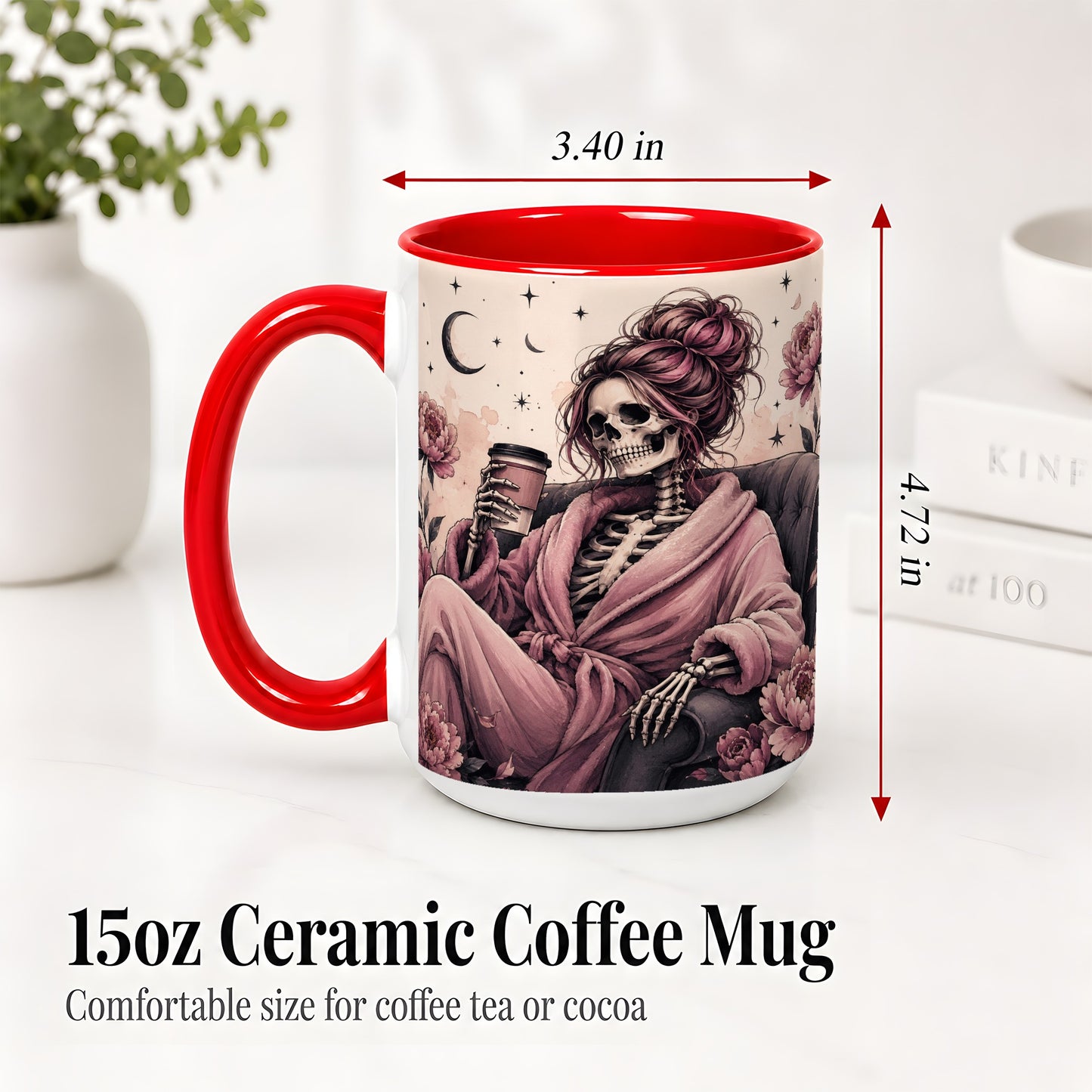 #pl[15oz|Red] Pink Skeleton Coffee Ceramic Mug, Gothic Floral Art for Coffee Fans