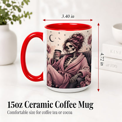 #pl[15oz|Red] Pink Skeleton Coffee Ceramic Mug, Gothic Floral Art for Coffee Fans