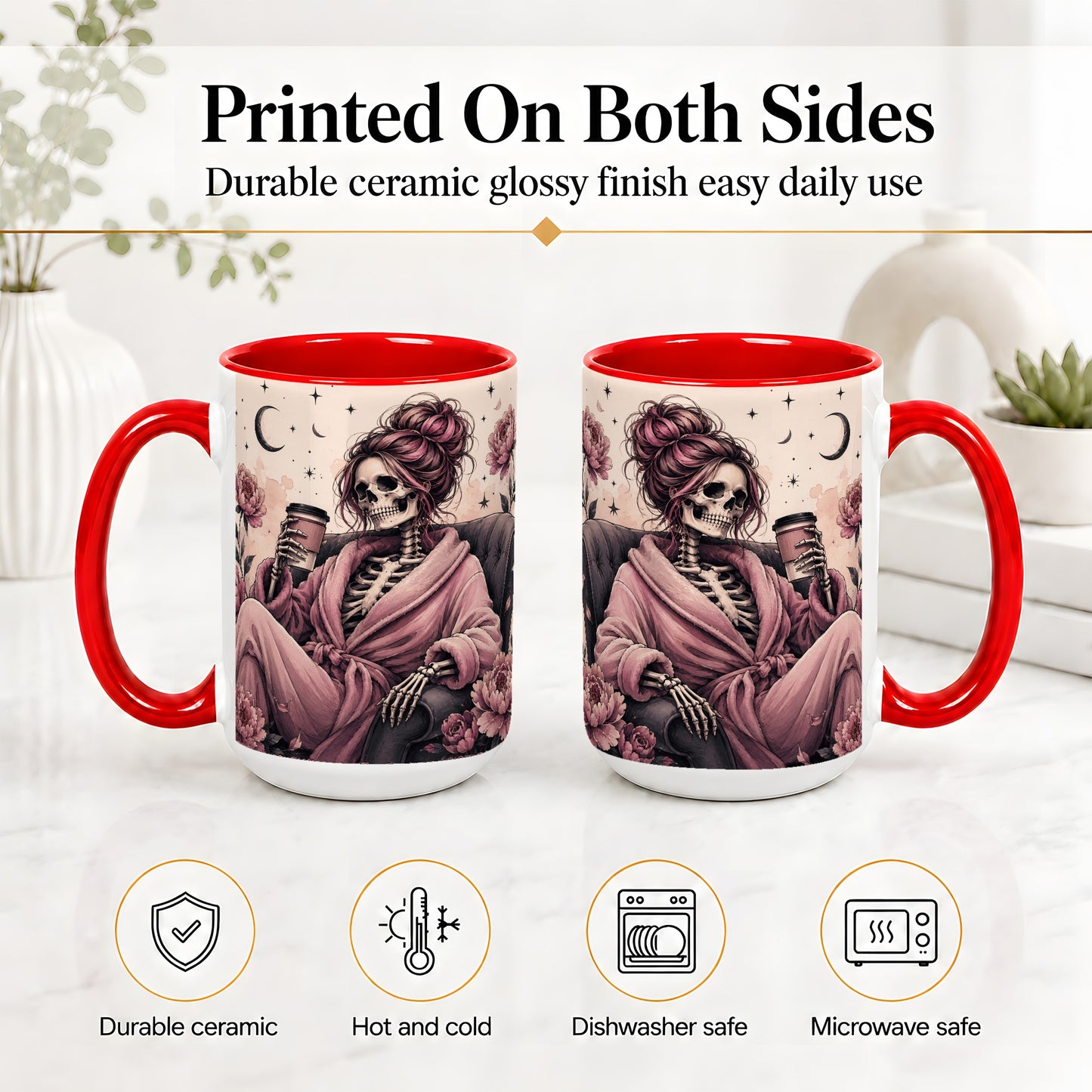#pl[15oz|Red] Pink Skeleton Coffee Ceramic Mug, Gothic Floral Art for Coffee Fans