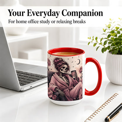 #pl[15oz|Red] Pink Skeleton Coffee Ceramic Mug, Gothic Floral Art for Coffee Fans