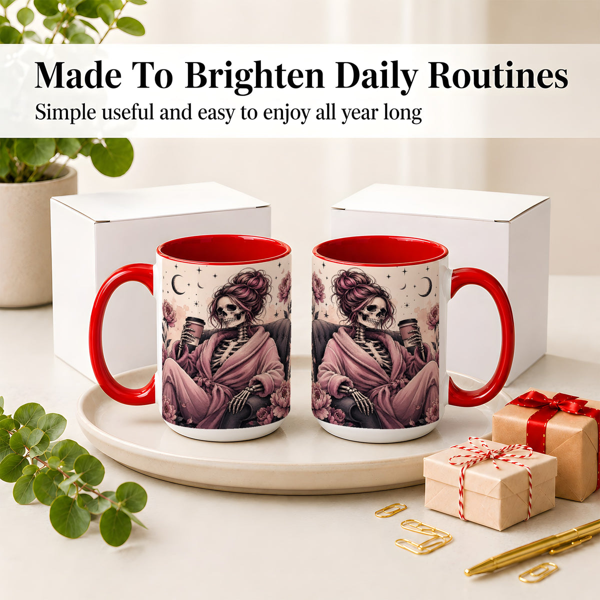 #pl[15oz|Red] Pink Skeleton Coffee Ceramic Mug, Gothic Floral Art for Coffee Fans