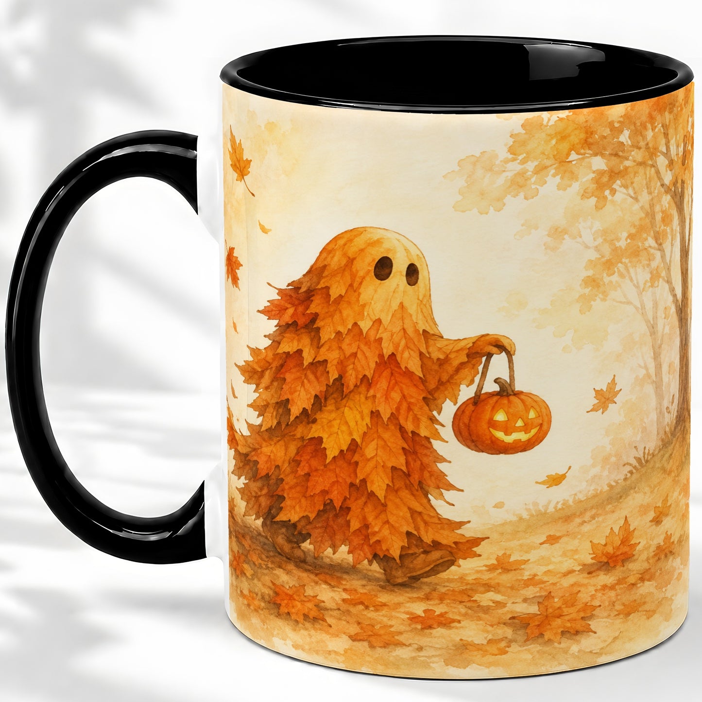 #pl[11oz|Black] Autumn Leaf Ghost Ceramic Mug, Pumpkin Halloween Art for Fall Fans
